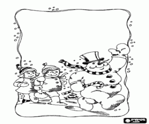 Snowman and children walking coloring page
