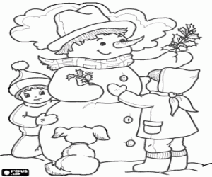 Snowman with the children coloring page