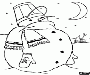 A snowman under the moon coloring page