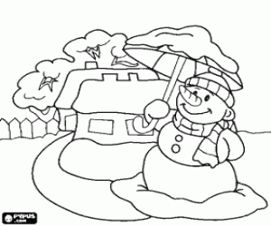 Snowman near a house coloring page