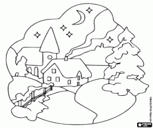 A snowy village at Christmas night coloring page