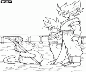 Son Goku and Son Gohan with Karin coloring page