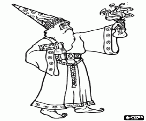 The sorcerer with potion and book coloring page