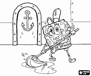 SpongeBob scrubbing the floor coloring page