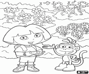 Spring flowers, Dora and Boots coloring page
