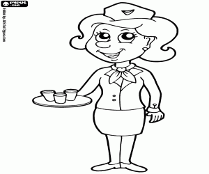 A stewardess works in a airplane coloring page