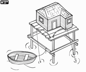 Stilt house with hut for fishermen coloring page