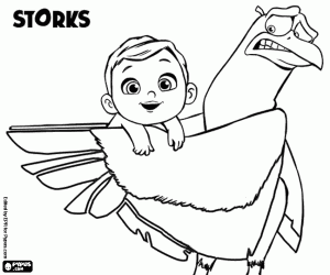 The stork with the baby on its wings coloring page