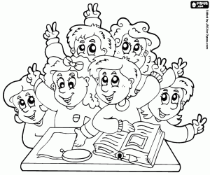 Students in class with a book coloring page