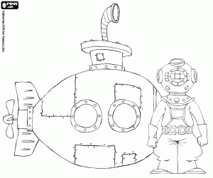Submarine and the diver coloring page