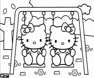 Swings with Hello Kitty and Mimmy coloring page