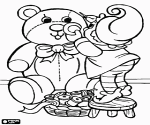 Teddy bear and an elf of Santa Claus coloring page