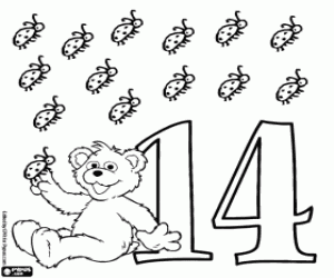 Teddy Bear and number fourteen coloring page