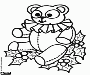 Teddy bear with holly leaves coloring page