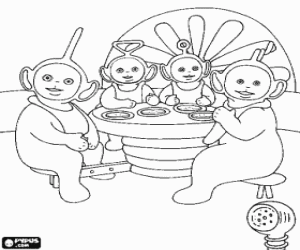 The Teletubbies at table for lunch coloring page