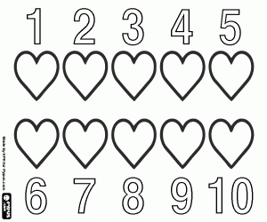 Ten hearts to learn to count coloring page