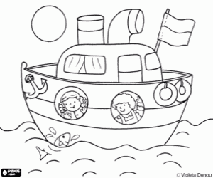 Teo and Clara go on boat coloring page