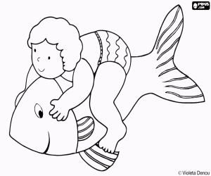 Teo and a big fish coloring page