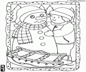 Teo, snowman and sleigh coloring page