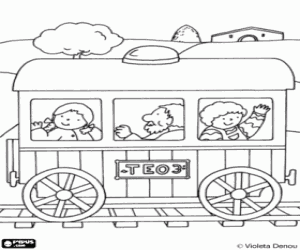 Teo travelling on train coloring page