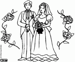 The bride and groom at the wedding coloring page