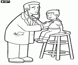 The doctor with his patient, a child coloring page