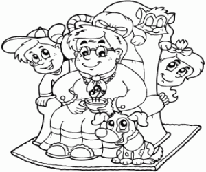 The grandchildren with the grandma coloring page