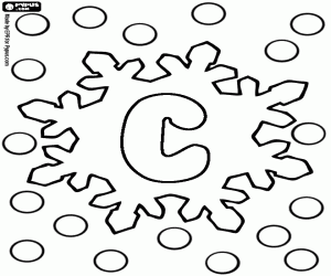 The letter C between snowflakes coloring page