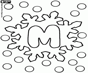 The letter M between snowflakes coloring page