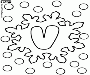 The letter V among snowflakes coloring page