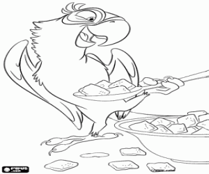 The macaw Blu eats with a spoon coloring page