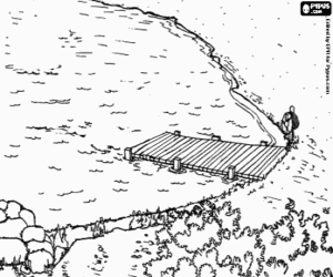 The shore of a lake with a dock coloring page
