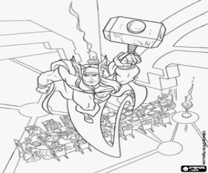 Thor flies over the table of Odin coloring page