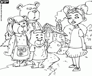 Three bears and Goldilocks, the protagonists coloring page