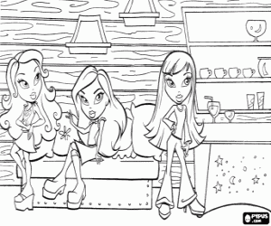 Three Bratz girls in a bar coloring page