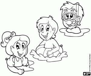 Three children in the water coloring page