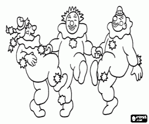 Three clowns jumping and dancing coloring page