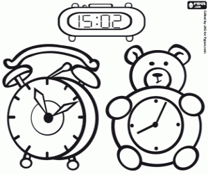 Three different alarm clocks coloring page