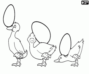 Three ducklings playing with three eggs coloring page