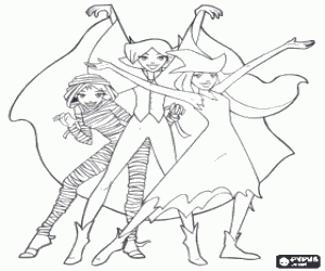 Three friends spies on Halloween coloring page