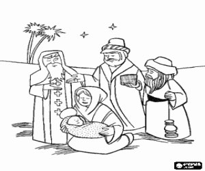 The three kings with Jesus and Mary coloring page