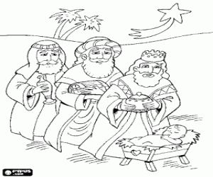 The three Magi Kings and Jesus coloring page
