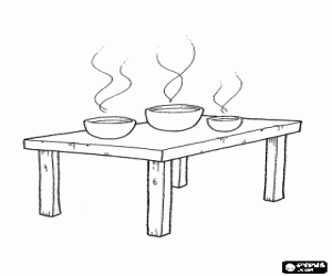 Three plates of soup on the table coloring page