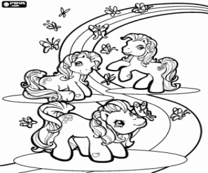 Three ponies over the rainbow coloring page