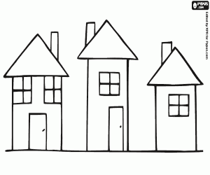Three simple houses, facades coloring page