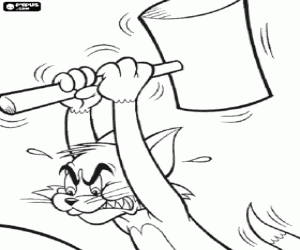Tom the cat with a mallet coloring page