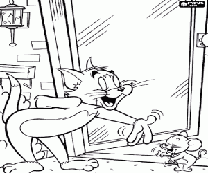 Tom and Jerry in front of the door coloring page