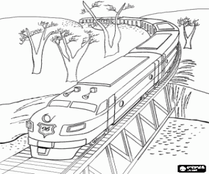 A train on the bridge over the river coloring page