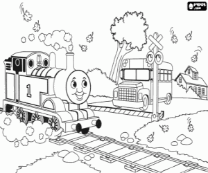 Train Thomas and a level crossing coloring page