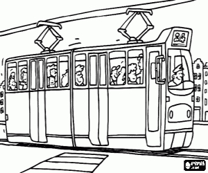 Tram with passengers and driver coloring page